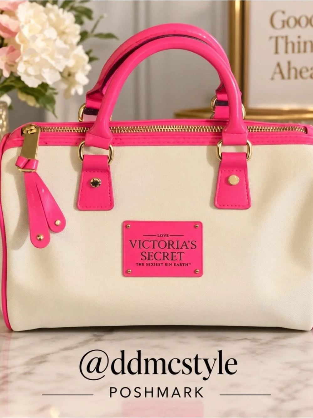 Victoria's Secret Cream top handle Tote with Hot Pink Trim
